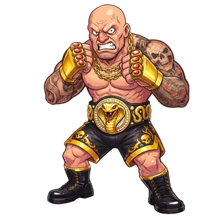 Hardcore-level KO Million fighter, heavily tattooed with a cobra belt