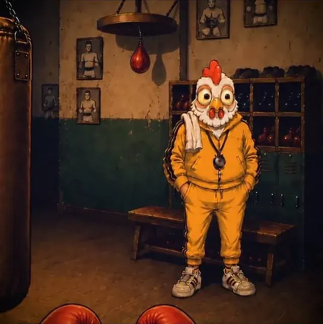 KO Million's rooster-headed boxer getting ready in the locker room, gloves in the foreground