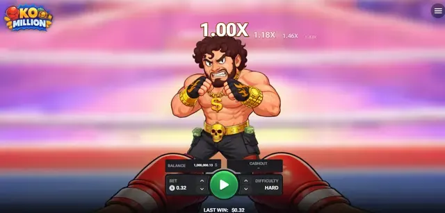 KO Million demo screen: multiplier ladder above the fighter, Left, Cashout and Right buttons