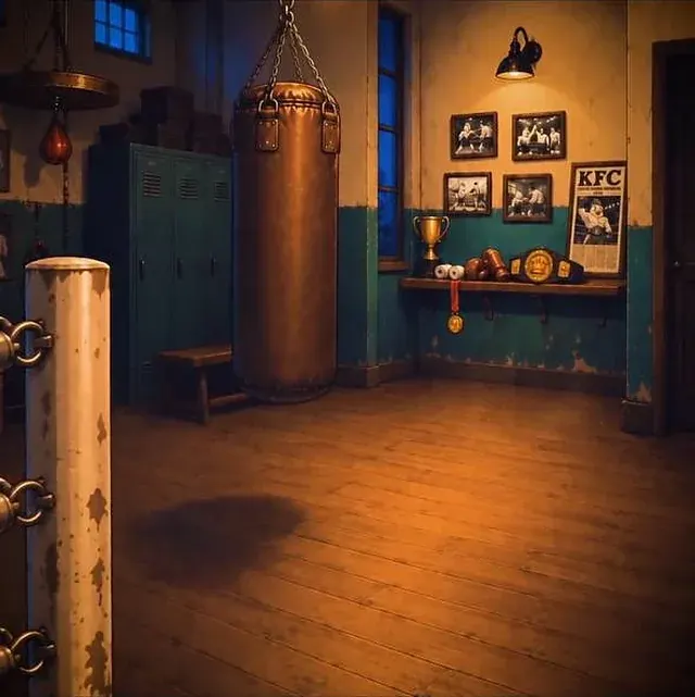 Empty boxing gym with a trophy, a championship belt and gloves on a shelf