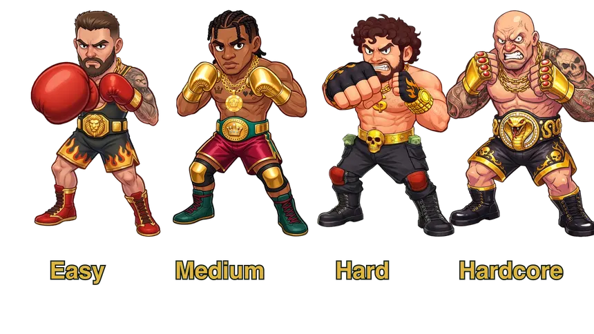 The four KO Million fighters side by side: Easy, Medium, Hard and Hardcore