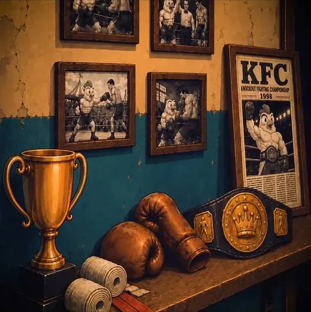 Shelf with a trophy, boxing gloves and a champion's belt